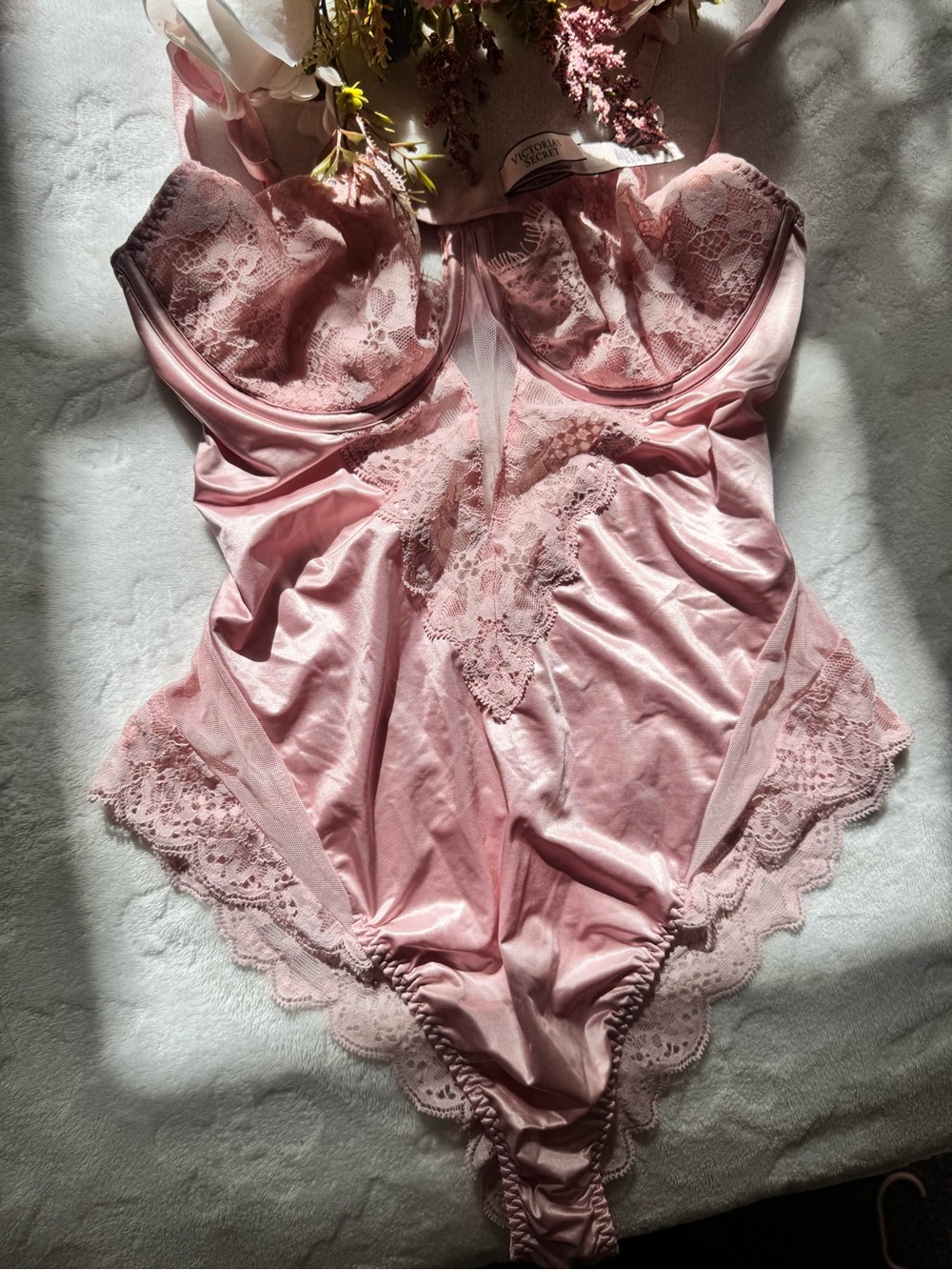 Victoria's Secret Pink Lace Trim Satin Bodysuit